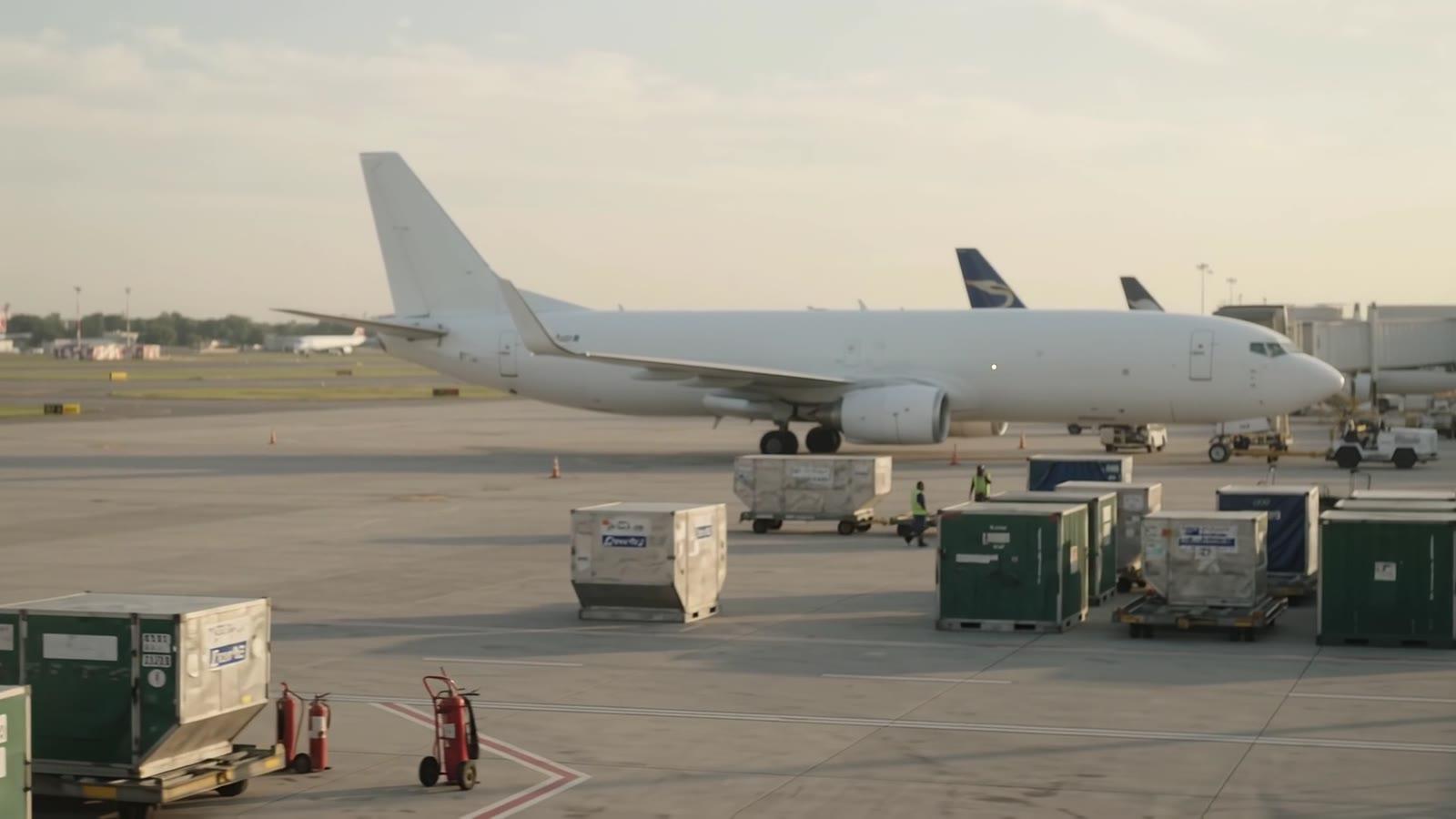 Cargo being loaded beside an aircraft at an airport